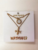 Ruth 2-Layer “Waymaker” Necklace – Gold Curb Chain with Opal Circle & Pearl Cross (16" + 3" Ext)