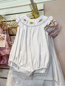 Over the Rainbow Smocked Bubble Romper for Baby Girls | Rainbow Embroidered Bubble | Bossier City, LA