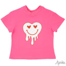 Glitter Drip Heart Smiley Hot Pink Boxy Tee for Girls