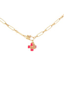 Kids 14" Gold Lobster Claw, Heart and Pink Cross, Gold Hammered Necklace