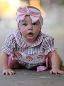 Fall Thanksgiving Lapel Plaid Chick Embroidery Smocking Bow Baby Girls Romper