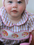 Fall Thanksgiving Lapel Plaid Chick Embroidery Smocking Bow Baby Girls Romper