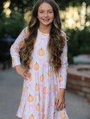 PREORDER Fall Halloween & Thanksgiving Pumpkin Bow Print Long Sleeve Dress