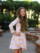 PREORDER Fall Halloween & Thanksgiving Pumpkin Bow Print Long Sleeve Dress