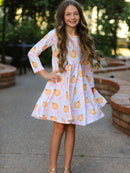 PREORDER Fall Halloween & Thanksgiving Pumpkin Bow Print Long Sleeve Dress