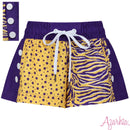 Azarhia Tigers Paws & Stripes Color Block Girls Shorts | Purple & Gold Game Day Athletic Shorts