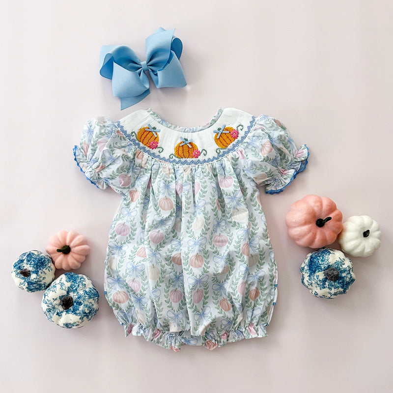 Girls Blue Smocked Pumpkin Bubble