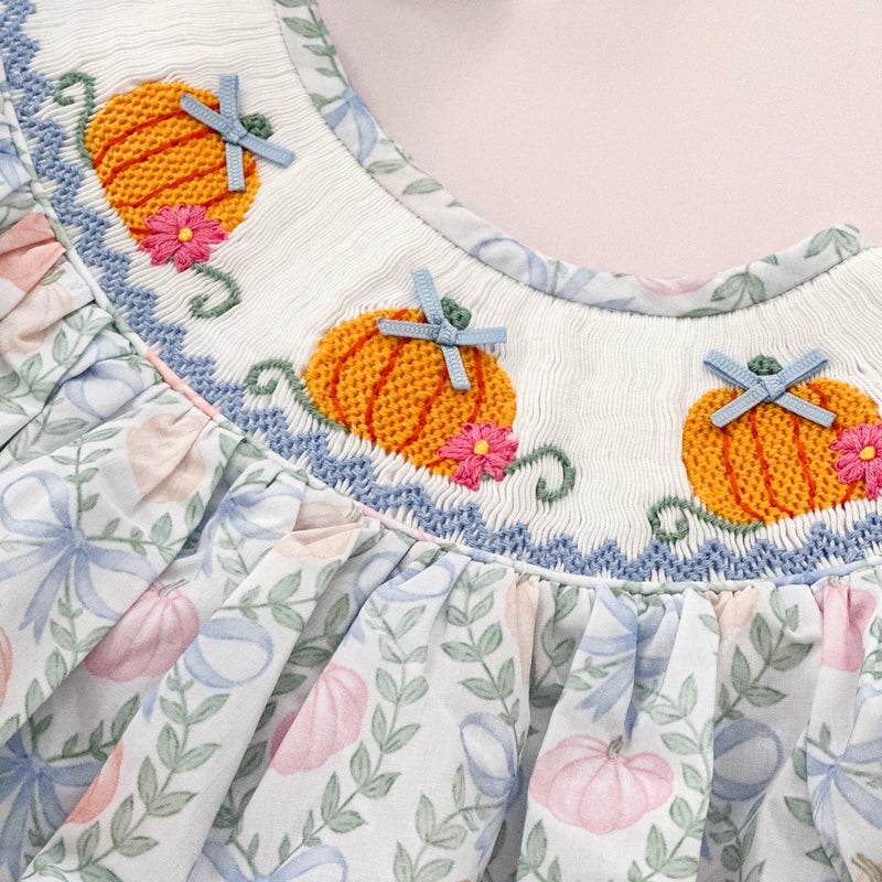 Girls Blue Smocked Pumpkin Bubble