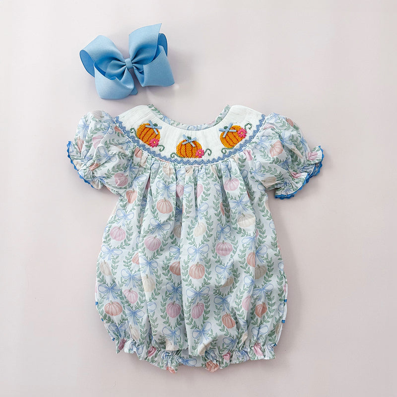 Girls Blue Smocked Pumpkin Bubble