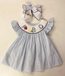 Girls ABC Smocked Dress – Light Blue Gingham Back-to-School Bishop Dress | The Prissy Pelican Boutique Bossier City, LA