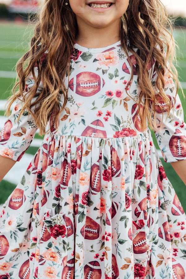 Footballs & Flowers 3/4 Sleeve Pocket Twirl Dress