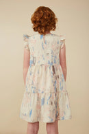 Girls Watercolor V-Neck Tiered Ruffled Dress