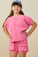 Girls Garment Washed Cargo Patch Pocket Knit Shorts-PINK