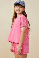 Girls Garment Washed V Neck Elastic Sleeve T Shirt-PINK