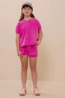 Girls Garment Washed V Neck Elastic Sleeve T Shirt-PINK