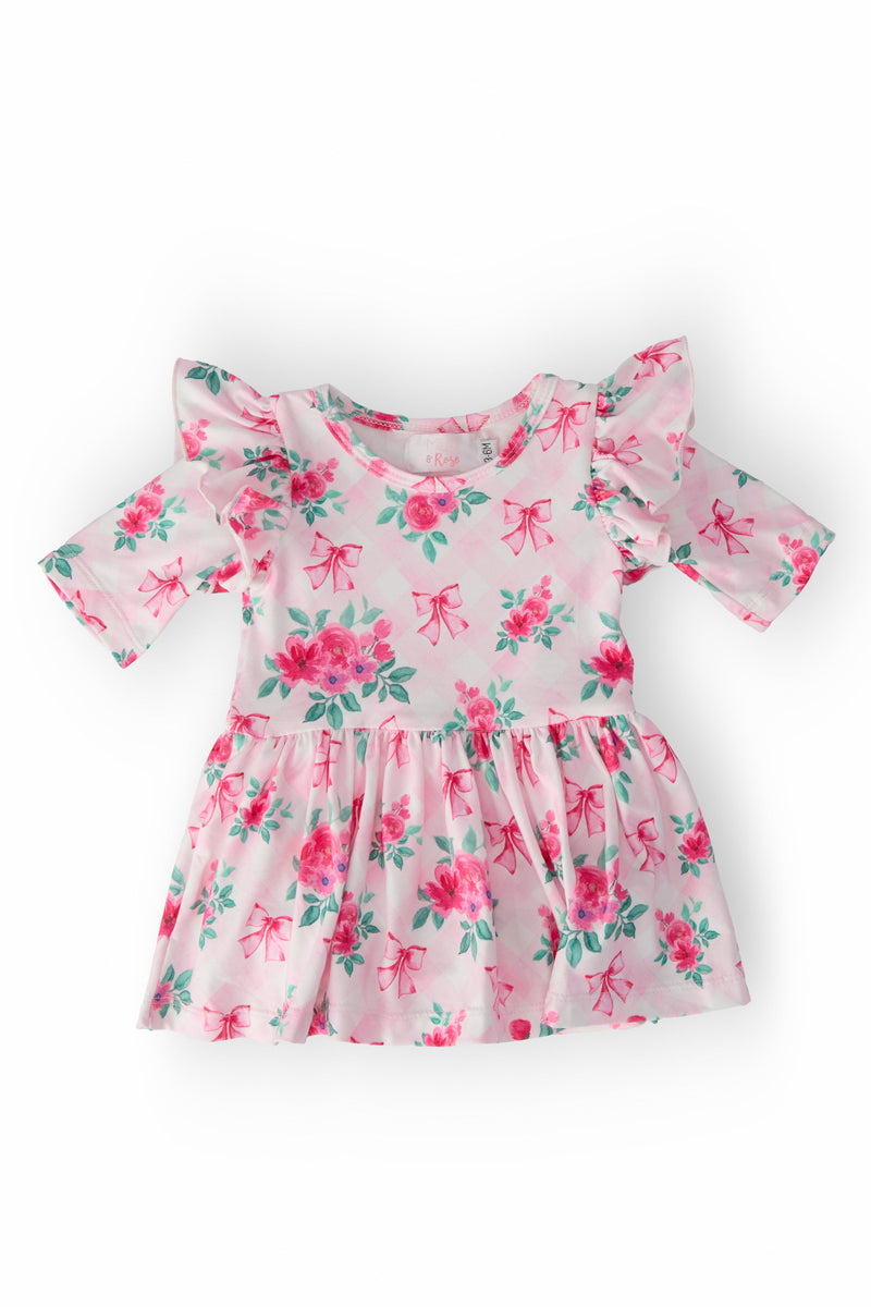 Gingham Bows 3/4 Sleeve Flutter Twirl Bodysuit