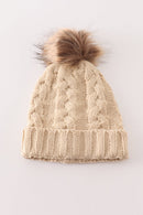 Beige pompom  cable beanie hat
