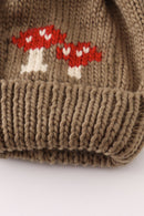 Brown pompom mushroom cable beanie hat