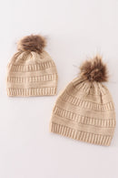 Beige pompom cable beanie hat