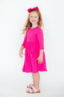 Hot Pink 3/4 Sleeve Pocket Twirl Dress