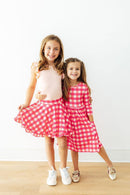 Hot Pink Gingham 3/4 Sleeve Pocket Twirl Dress