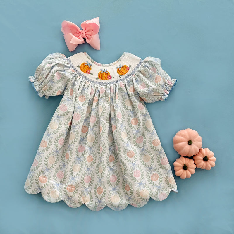 Girls Blue Smocked Pumpkin Bubble