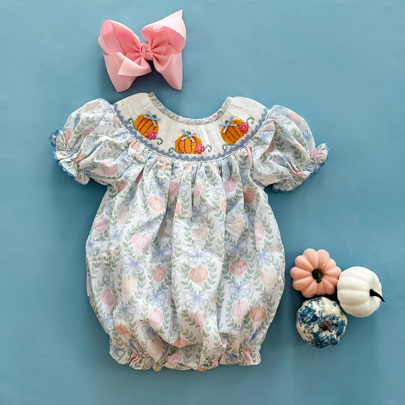 Girls Blue Smocked Pumpkin Bubble