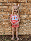 Smocked orange and pink leopard bunny tie romper