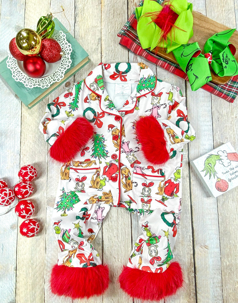 Mommy & Me It's Grinchmas Time Fuzzy Trim PJ'S