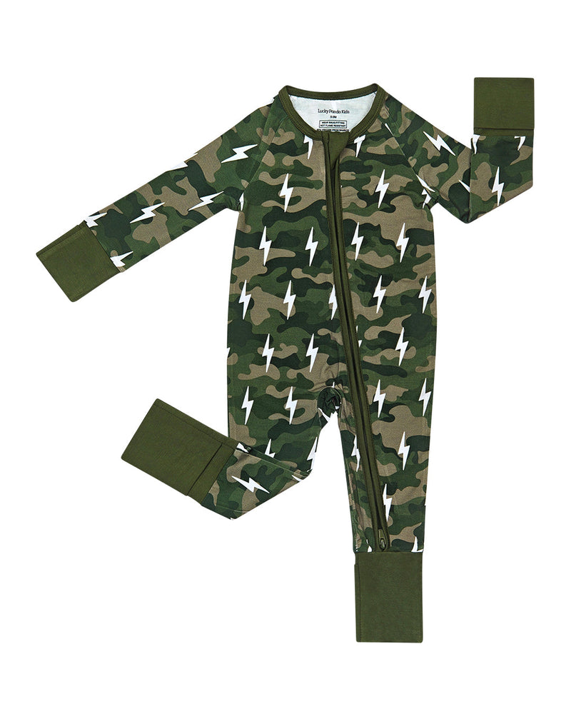 Bamboo Zip Romper | Green Camo Bolts