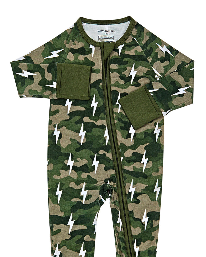 Bamboo Zip Romper | Green Camo Bolts