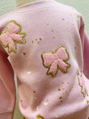 Pink Bow Appliqué Sweatshirt with Gold Splatter – Girls Boutique Pullover