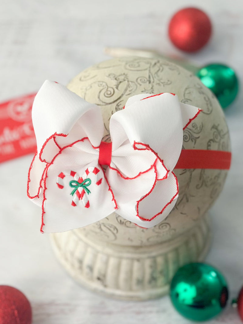 Candy Cane Embroidered Hair Bow Headband