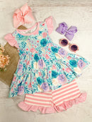 Light Pink Floral & Striped Shorts Set (3-5t, 8y)