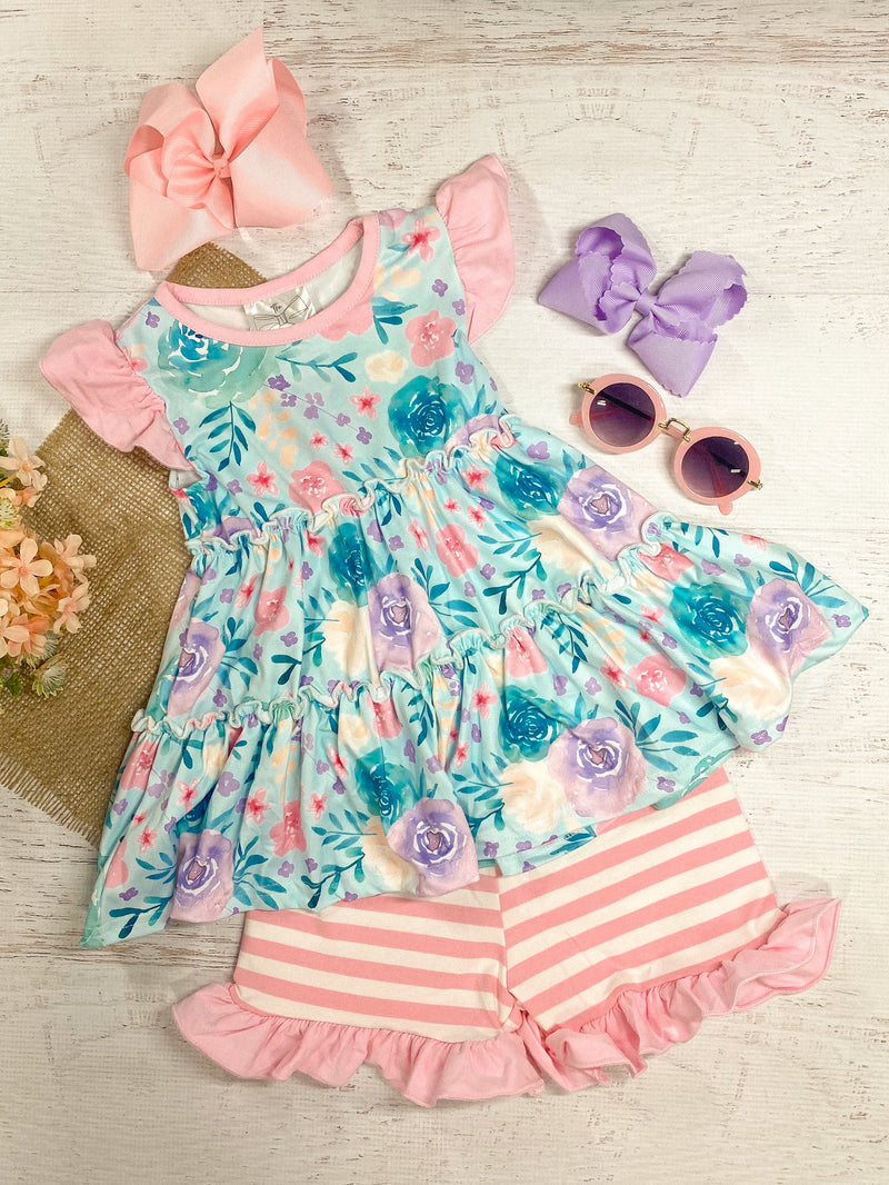 Light Pink Floral & Striped Shorts Set (3-5t, 8y)
