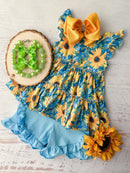 Blue Sunflowers Tiered Top & Shorts Set (3t, 8y, 10y only)