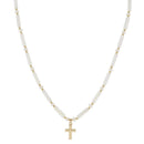 Drew Cross Necklace – Iridescent Shell Beads & Hammered Gold Pendant (16" + 3" Extender)