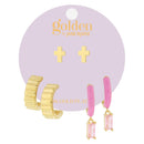 Golden Trio! 18K Gold Plated Cross Stud, Scallop Hoop, Pink Crystal Huggie Earrings Set
