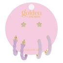 Golden Trio! 18K Gold Plated Star Stud, Lavender Twist Huggie, Lavender Huggie Earrings