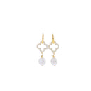 18K Gold Plated Huggie Earrings with White Enamel Quatrefoil & Pearl Drop
