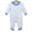 Blue Trellis Bow Girls Romper | Long Sleeve Fall Baby Romper | Bossier City, LA