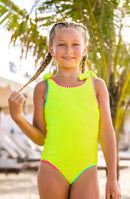 Girls Lime Crinkle One Piece Swimsuit with Bow Ties | Bossier City Kids Boutique