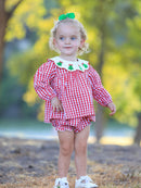 Christmas Tree Embroidery Red Gingham Long Sleeve Baby Girl Bloomers Set