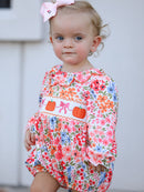 Fall Halloween & Thanksgiving Pumpkin Bow Smock Embroidered Floral Baby Girl Romper