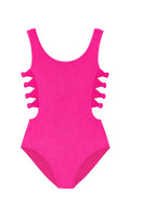 Girls Fuchsia Crinkle Side Cutout One Piece Swimsuit with UPF 50+ | Bossier City Boutique