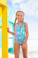 Girls Pastel Leopard One Piece Swimsuit with Embroidered Trim | Bossier City Boutique