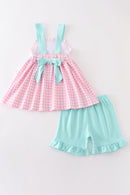 Pink tractor embroidery plaid girl set