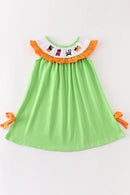 Green Halloween Cat Embroidery Dress – Girls Halloween Outfit with Cat Appliqué