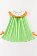 Green Halloween Cat Embroidery Dress – Girls Halloween Outfit with Cat Appliqué