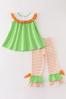 Green Halloween Cat Embroidery Girl Pant Set